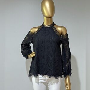 Sugar + Lips Floral Lace Cold Shoulder Blouse in Black Top Cocktail ~ Size Small